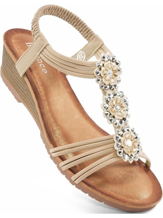 Shoes - Women's Beige Floral Rhinestone Elastic Slingback Low Wedge Heel Sandals Shoes